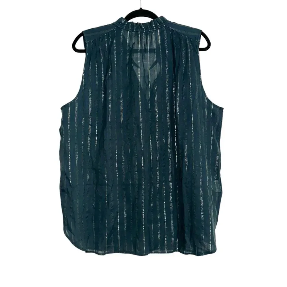 NWT LOFT Green Metallic Striped Sleeveless Ruffle Neck Blouse XL - Picture 2 of 6